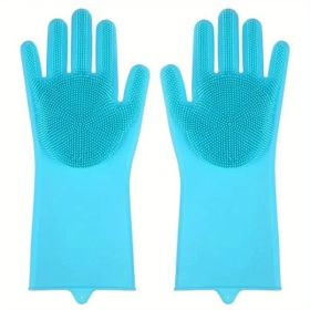 1pair Silicone Dishwashing Gloves with Scrubbing Fingers (Color: Sky Blue, Material: Silica Gel)